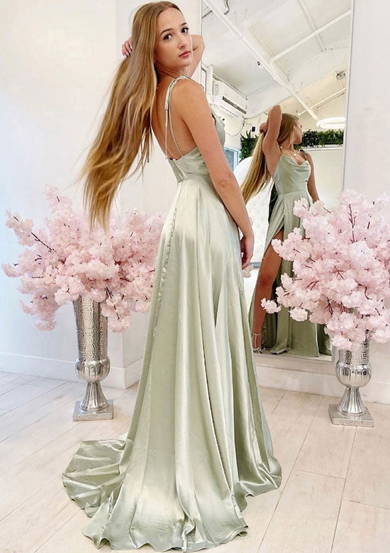 A-Line Charmeuse Pleated Split Cowl Neck Floor-Length Prom Dress