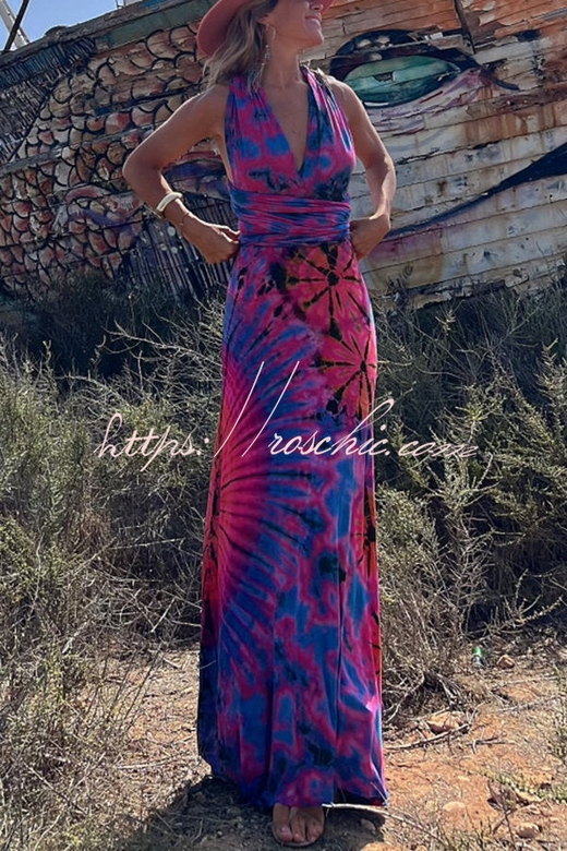 Generate Joy Tie-dye V-neck Cross Back Straps Stretch Maxi