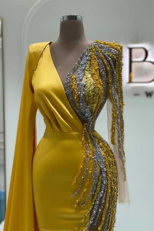 Yellow Long Sleeves Beaded Mermaid Prom Dress