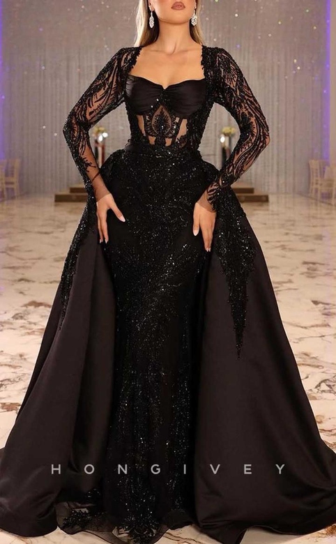 Glitter Sweetheart Lace Long Sleeves Beaded Overskirt Satin Gown