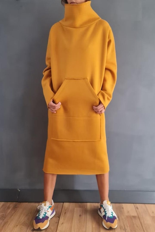 Solid Pocket Turtleneck Long Sleeve Dresses