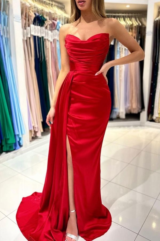 Red Strapless Slit Mermaid Prom Dress with Pleats