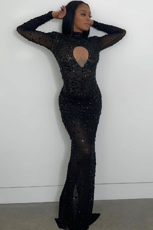 Black Sparkly Rhinestone Shoulder Pad Sheer Mesh Maxi Gown