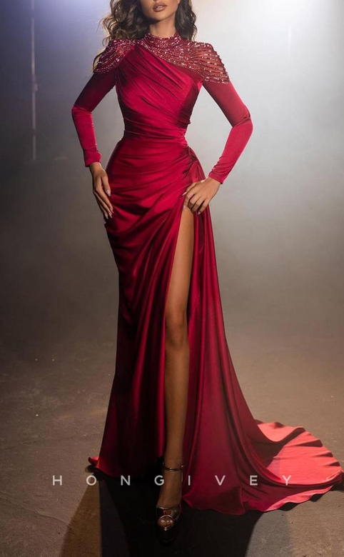 Classic Timeless Red High Neck Long Sleeve With Side Slit Party Prom Dress