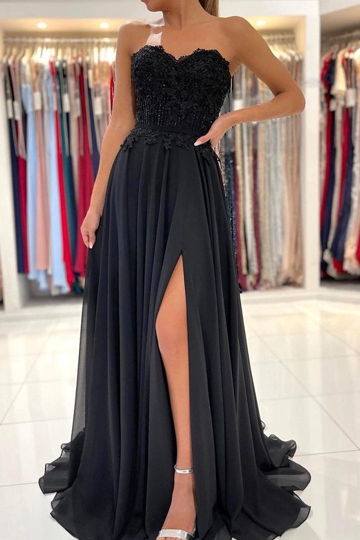 Sheath Strapless Chiffon Appliques Backless Sleeveless Prom Dress