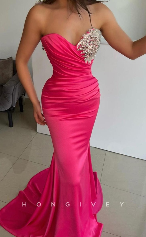 Crystal Beaded Strapless Mermaid Train Party Prom Formal Dress