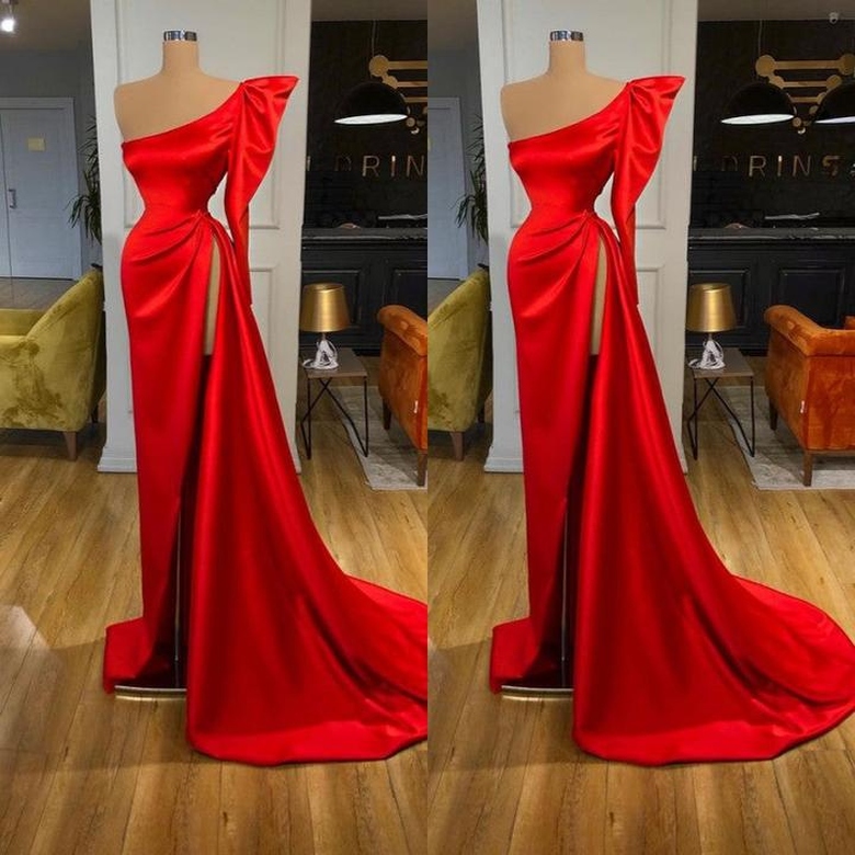 Bubble Sleeve One-Shoulder Red High-Split Long Evening Dress