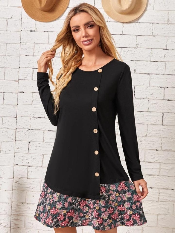 Floral Spliced Button Dress for Versatile Styling