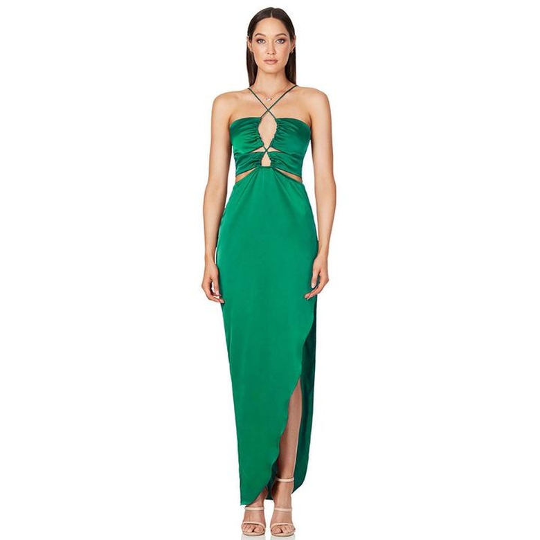 Glossy Satin Crisscross Trim Ruched Cut-Out Sleeveless Slit Gown Maxi Dress in Green