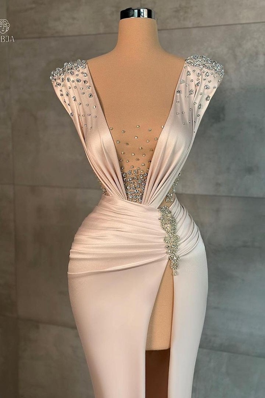 Fashion Long V-Neck Rhinestone Split Front Mermaid Prom Dresses