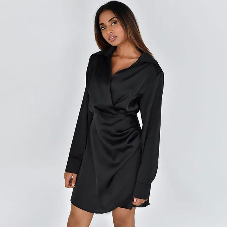 Glossy Satin Ruched Spread Collar V-Neck Long Sleeve Shirt Mini Dress in Black