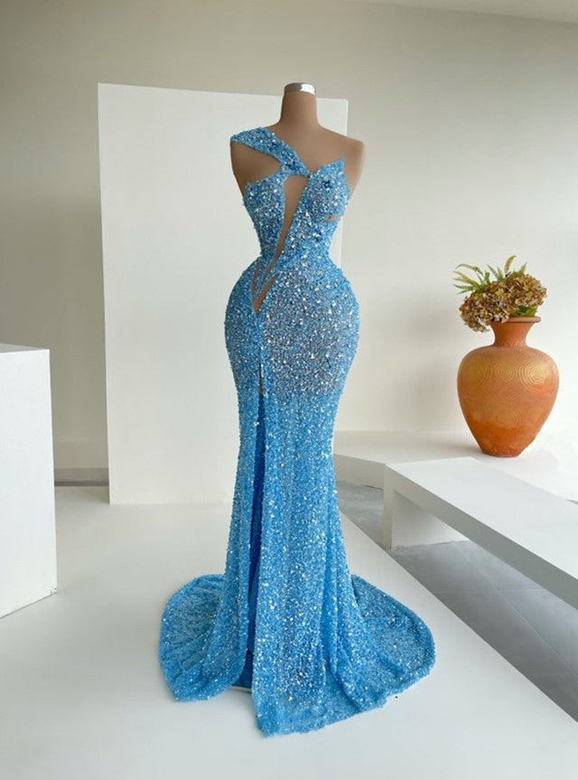 Ocean Blue One-Shoulder Sequins Split Mermaid Prom Dress