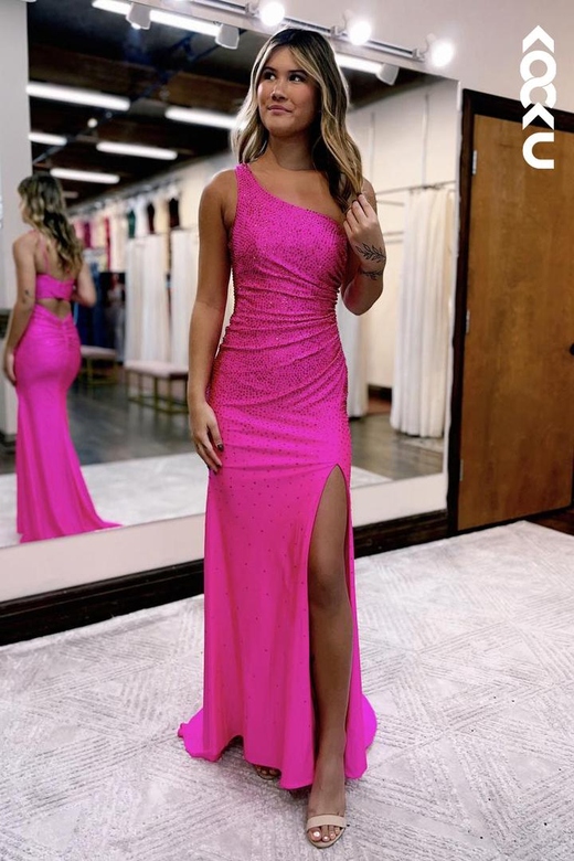 L2205 - Chic & Sparkly One Shoulder Sleeveless Slit Sequins Prom Dress