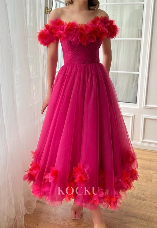 Cute & Charming Off-Shoulder Sleeveless Tulle Flower Party Prom Gown