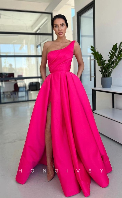 Simple One Shoulder with Train and Slit Formal Evening Gown