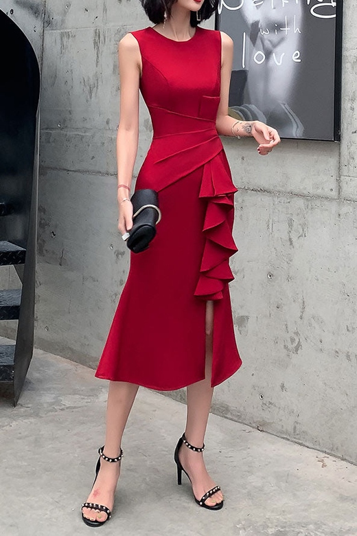 Red Sleeveless Midi Cocktail Party Dress for Elegance