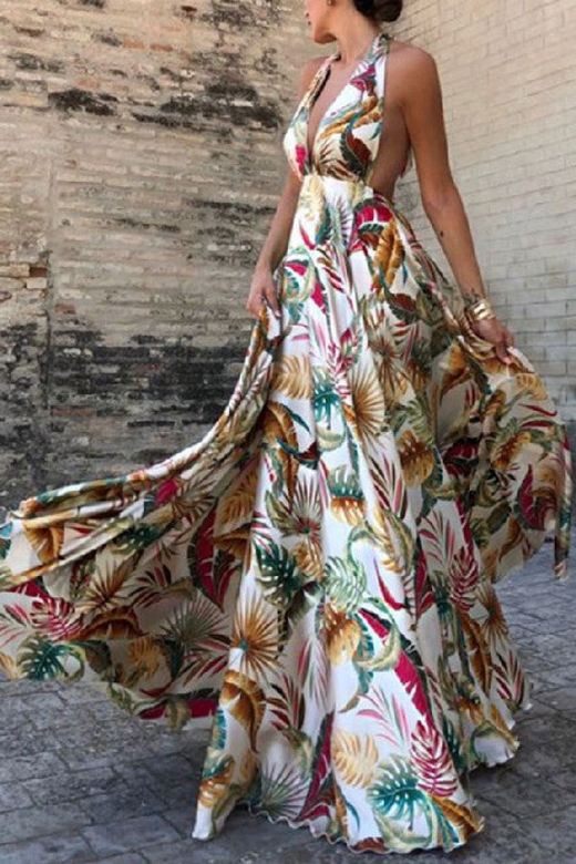 Sleeveless Halter Printed Maxi Dress for Summer Elegance