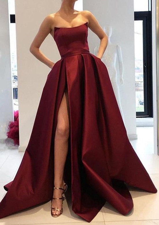 A-Line Square Neckline Long Satin Pockets Split Prom Dress