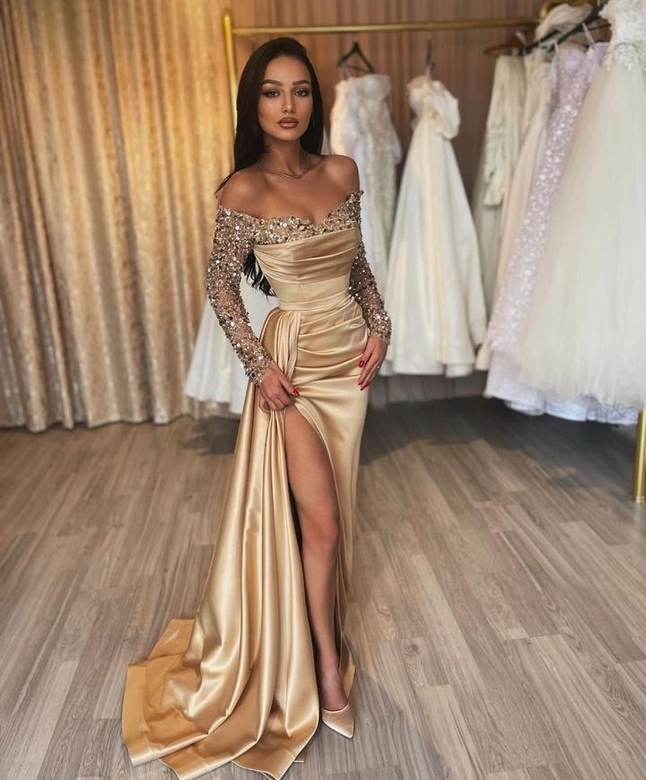 Gorgeous Champagne Off-the-Shoulder Sequined Prom Dress