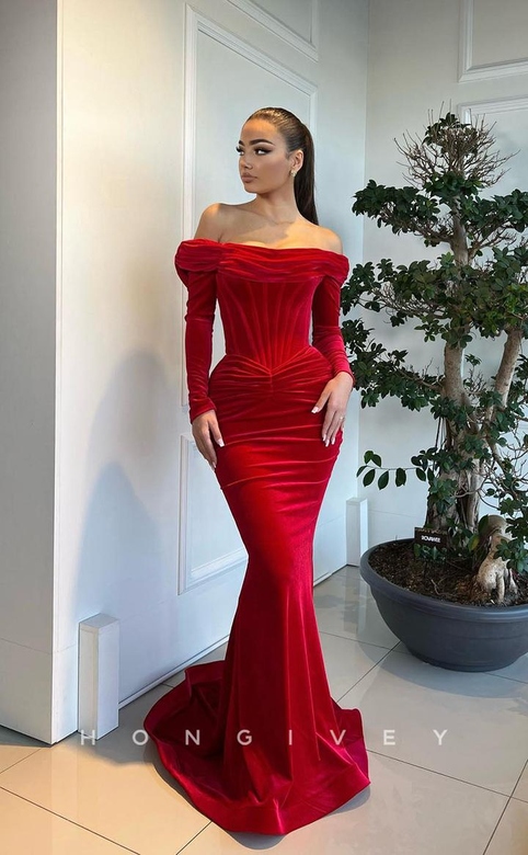 Couture Ruched Long Sleeves Mermaid With Train Prom Formal Party Dress