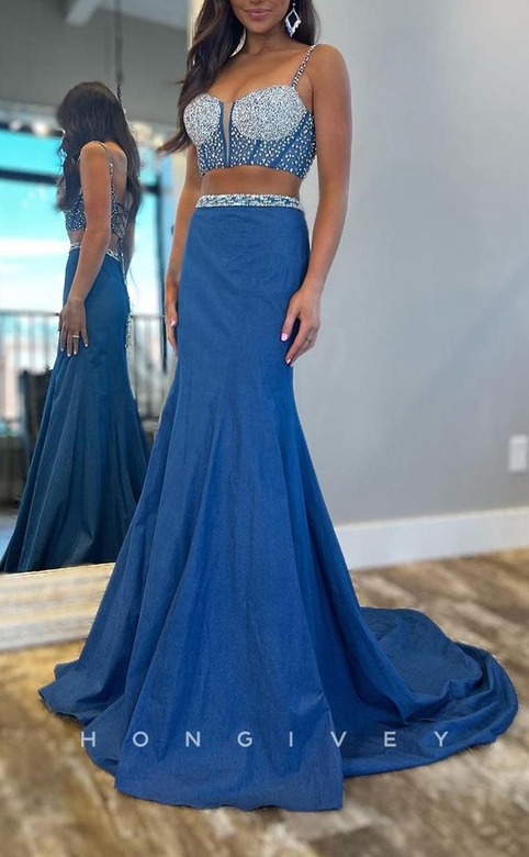 Two-Piece Beaded Spaghetti Straps With Train Party Prom Gown