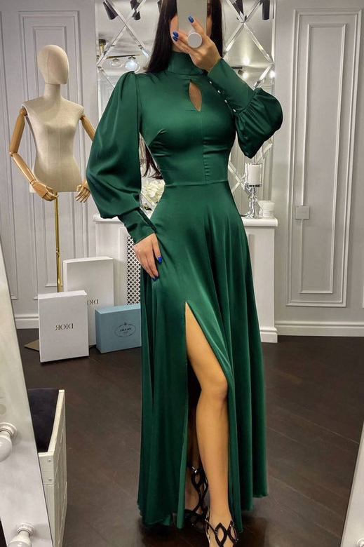 Dark Green Long Sleeves High Neck Evening Dress for Refined Elegance