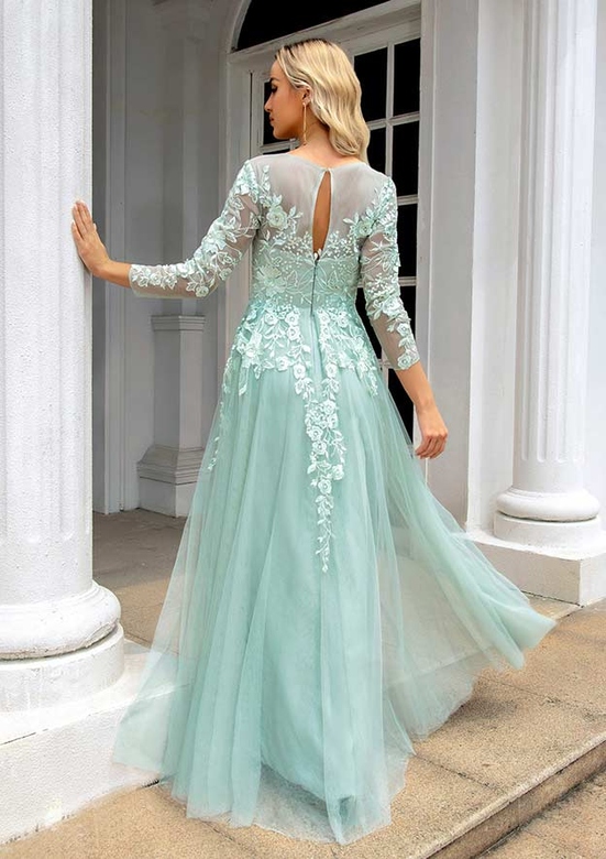 A-Line Illusion Neck Applique Long/Floor-Length Tulle Prom Dress