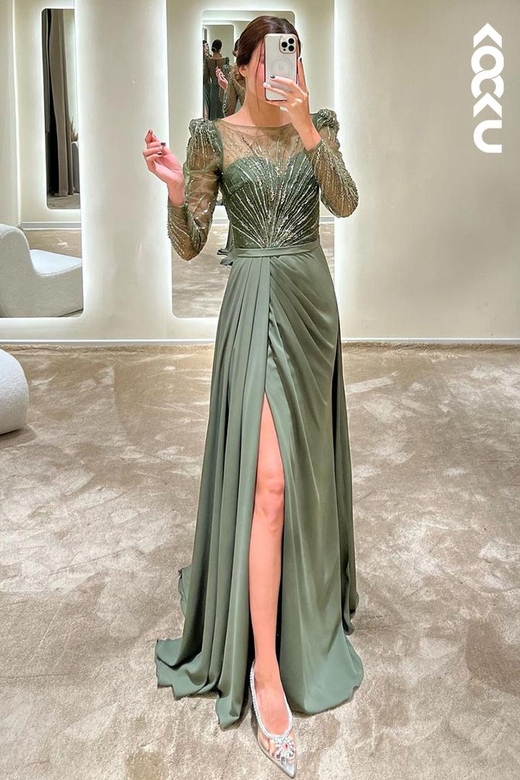 Round Neck Long Sleeves Beaded A-Line Long Prom Gown