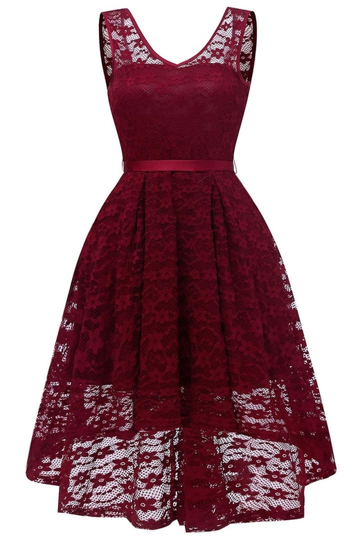 Burgundy V-Neck Lace Homecoming Prom Dress