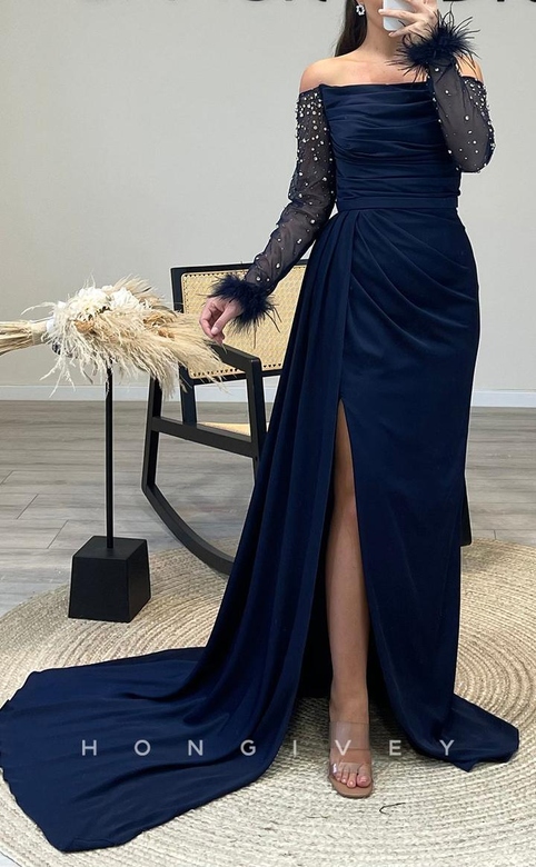 Elegant Satin Fitted Off-Shoulder Long Sleeve Beaded Feathers Ruched