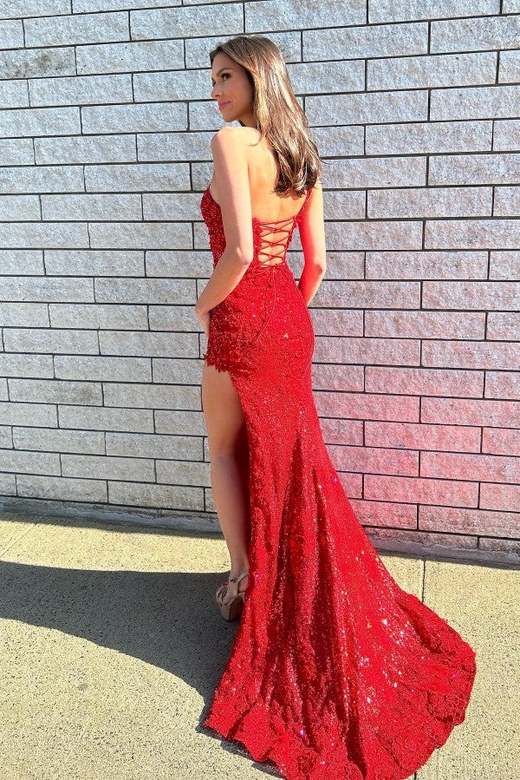 One Shoulder Red Sequins Mermaid Prom Dress with Elegant Slit