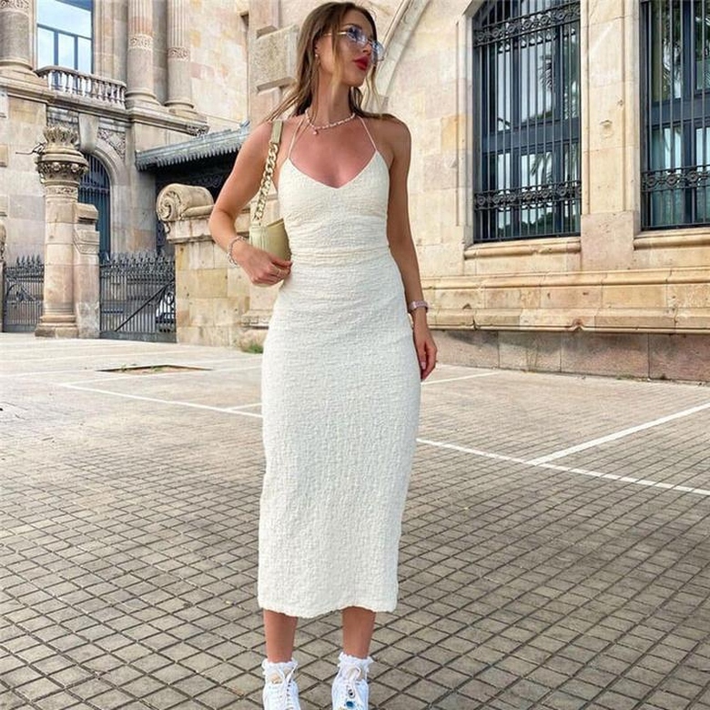 Sweet Textured Split Trim Low Back Sleeveless Halter Midi Dress in White