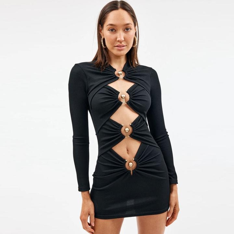 Metallic Ruched Trim Cut Out Long Sleeve Bandage Party Mini Dress in Black