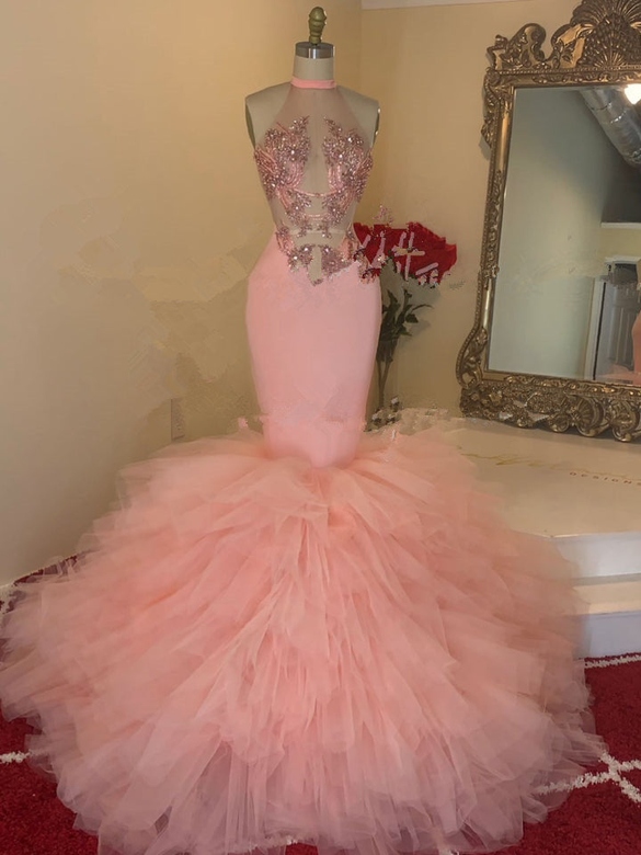 Pink Sleeveless High Neck Tulle Appliqued Mermaid Prom Dress