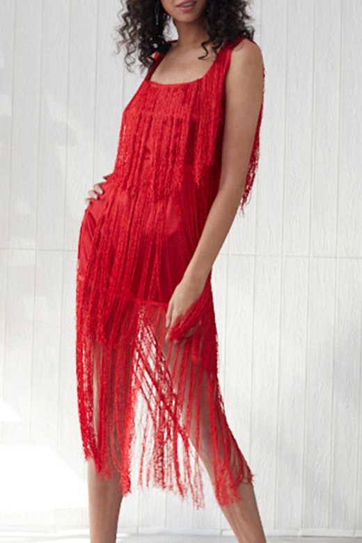 Red Square Backless Tassel Dress for Bold Elegance