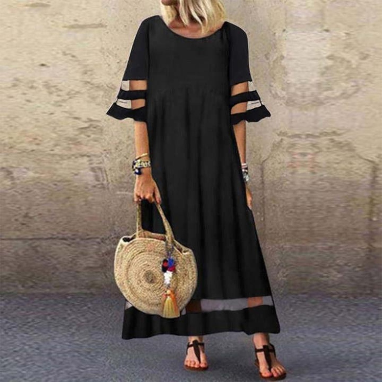 Sheer Stripe Sleeve Scoop Neck Maxi Dress for Elegant Transparency