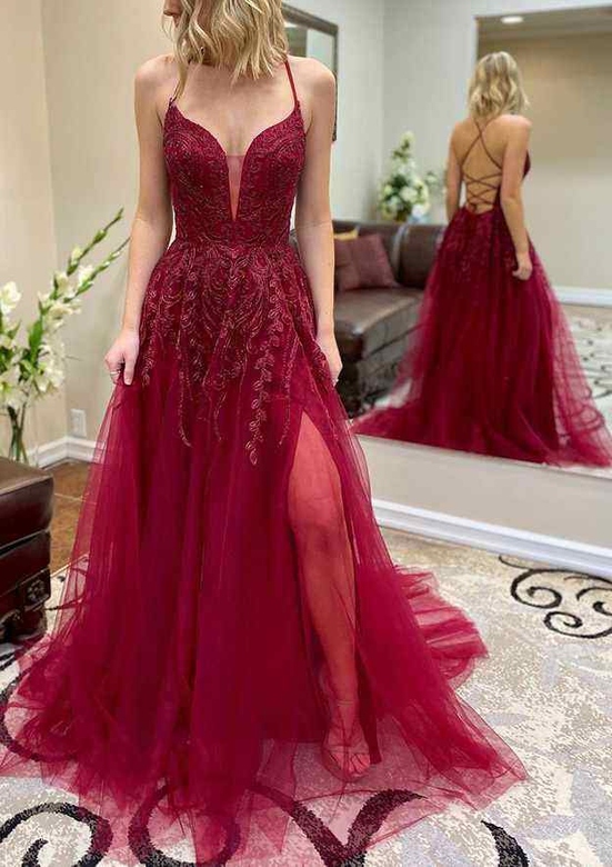 Beautiful A-Line Spaghetti Straps Tulle Split Appliqued Chapel Train Prom Dress