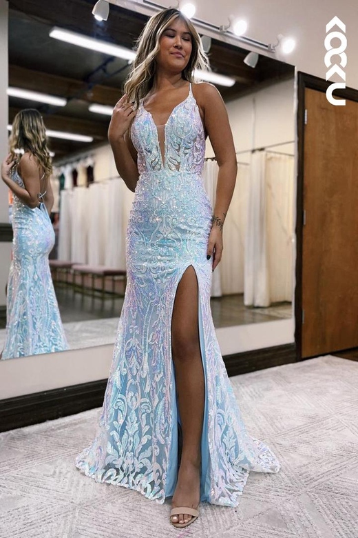 Chic & Modern V-Neck Spaghetti Straps Side Slit Applique Formal Prom Dress