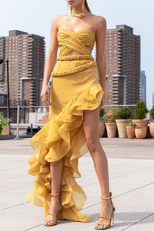 Asymmetrical Yellow Layered Ruffle Cutout Strapless