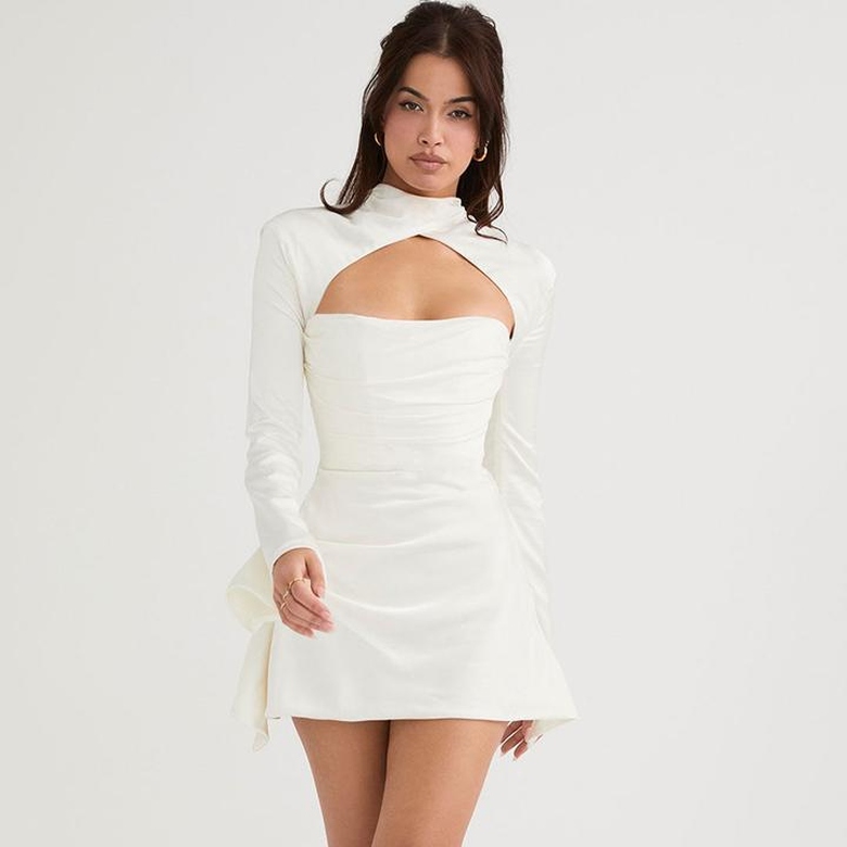 Luxury High Neck Cut Out Long Sleeve Draped Satin Mini Dress in White