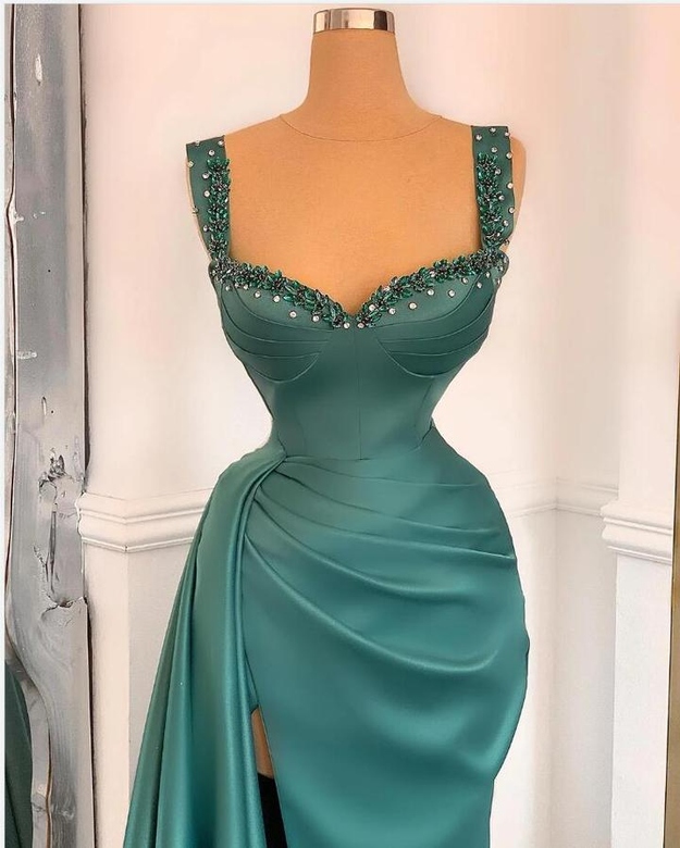 Straps Beaded Long Prom Dress with Elegant Side Slit