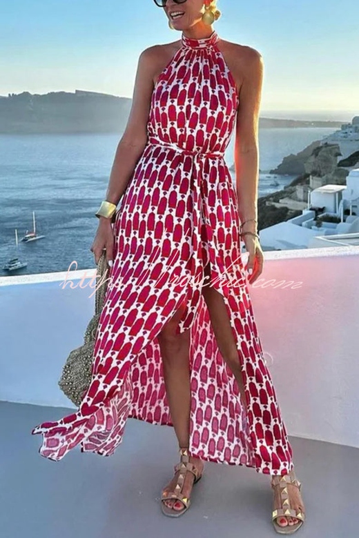 Unique Printed Halterneck Tie-Waist Slit Maxi