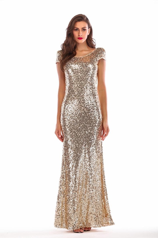 Gold Sequin Mermaid Cap Sleeves Backless Sparkly Prom Dress