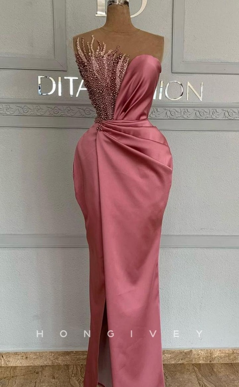 Sexy Asymmetrical Sleeveless Satin Fitted Beaded Ruched Gown