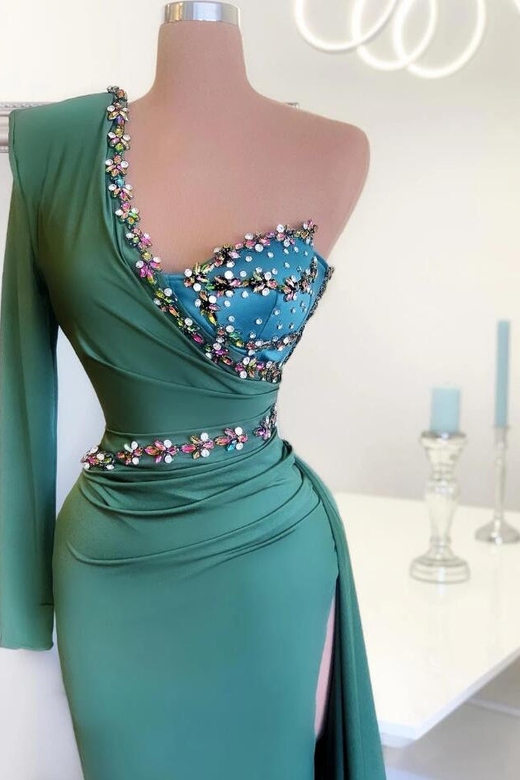 Beaded Green Long One-Shoulder Prom Dress With Long Sleeve