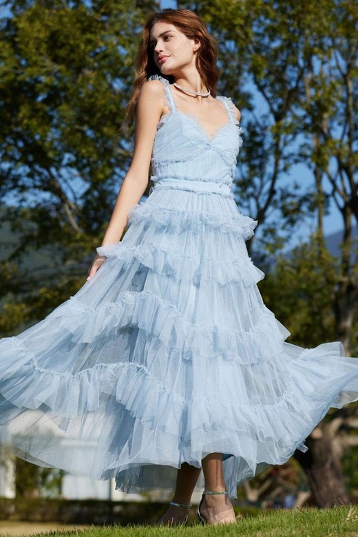 Blue French Style Ruffle V-Neck Sleeveless Tiered Tulle Maxi