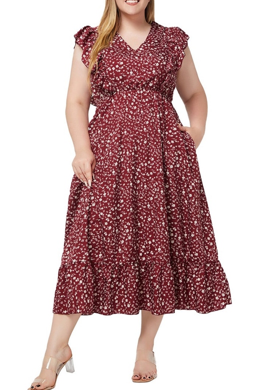 Midi Floral Burgundy Plus Size A-Line Dress