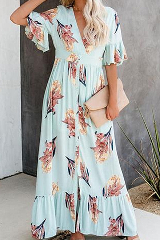 Ruffled V-Neck Printed Maxi Dress for Flowing Style