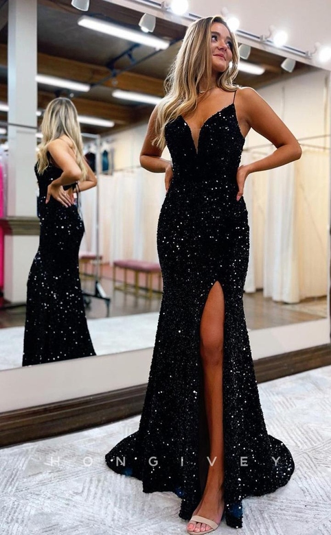 Fully Sequined Plunging Illusion Lace-Up Back With Train And Slit Party Gown