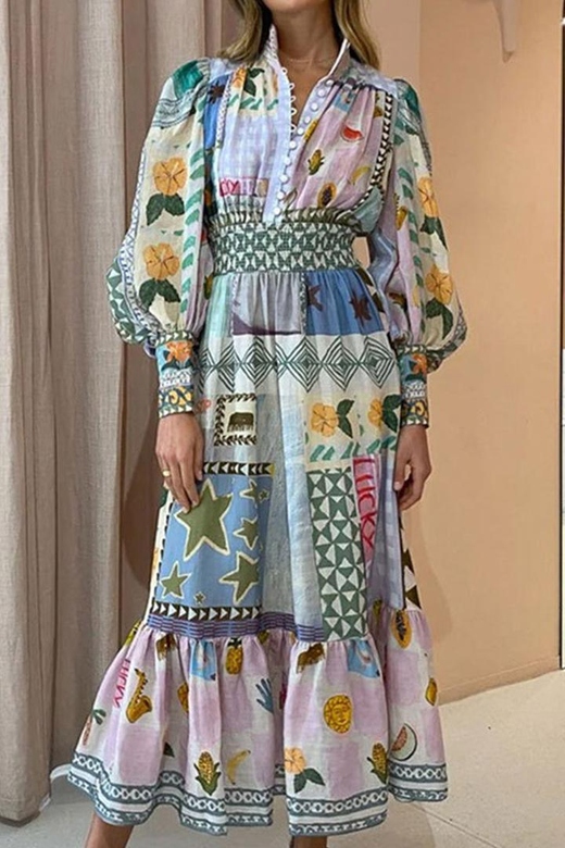 Print Patchwork Turndown Collar Printed Dresses